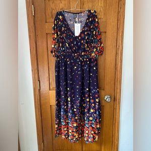 BloomChic Floral Printed Pocket V Neck Shirred Split Hem Dress